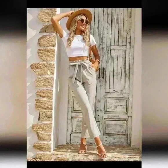 SHEIN LUNE Paperbag Waist Belted Tan/Blue/White Plaid Pants‎ Small/4 - Picture 7 of 10